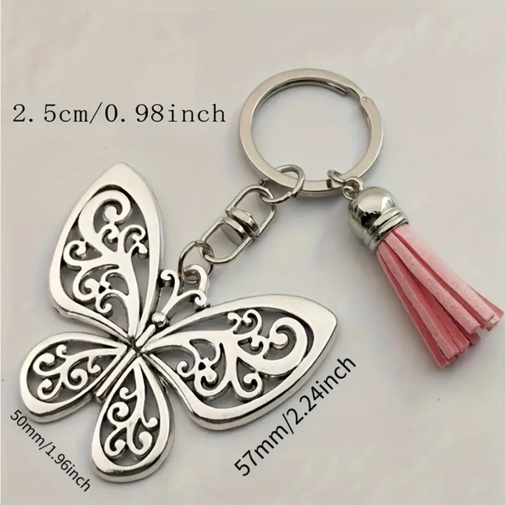 Silvery Hollow Butterfly Keychain Pendant With Tassel NEW - Picture 2 of 2